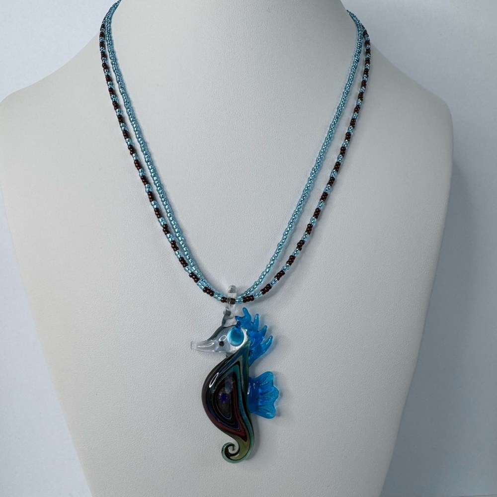 Lampwork Glass Seahorse Pendant Double Strand Seed Bead Necklace Hand Crafted